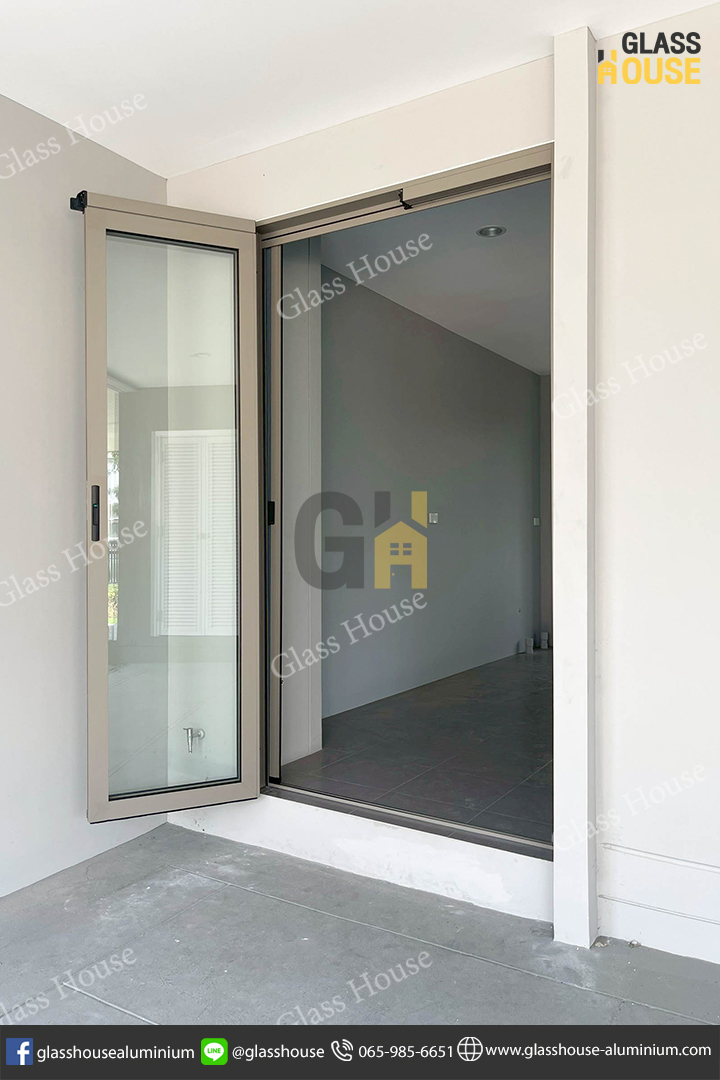 ประตู PC Door, pc door, บานเลื่อน, บานเลื่อนสวิง, ประตูบานพับ, ประตูบานเปิด, กั้นห้อง, กั้นแอร์, กั้นห้องกระจก, กั้นห้องอลูมิเนียม, ประตูบานเลื่อนซ้อน, ประตู 2 in 1, บาน 2 in 1